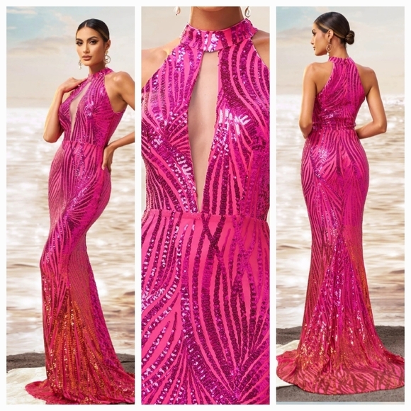 Pink Sequin Backless Halter Gown - Picture 1 of 12